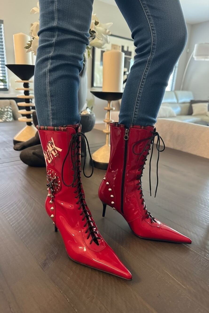 Le Silla RED PATENT LEATHER STUDDED LACE UP PUNK BOOTS SZ 5 (35)